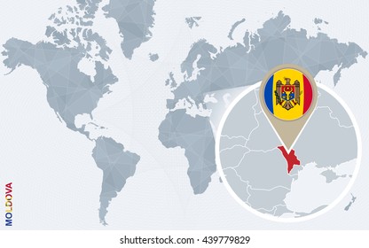 Abstract blue world map with magnified Moldova. Moldova flag and map. Vector Illustration.