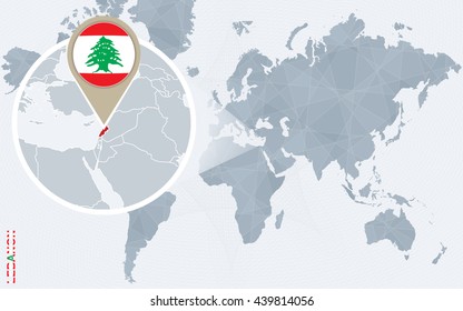 Abstract blue world map with magnified Lebanon. Lebanon flag and map. Vector Illustration.