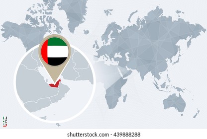 Abstract blue world map with magnified United Arab Emirates. UAE flag and map. Vector Illustration.
