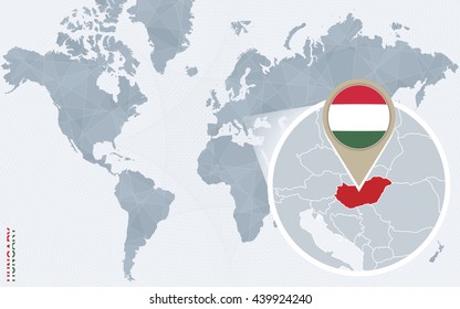 Abstract blue world map with magnified Hungary. Hungary flag and map. Vector Illustration.