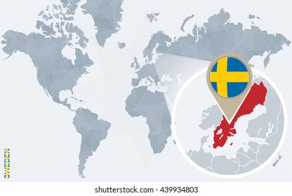 Abstract blue world map with magnified Sweden. Sweden flag and map. Vector Illustration.