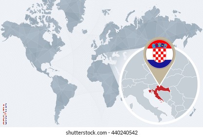 Abstract blue world map with magnified Croatia. Croatia flag and map. Vector Illustration.