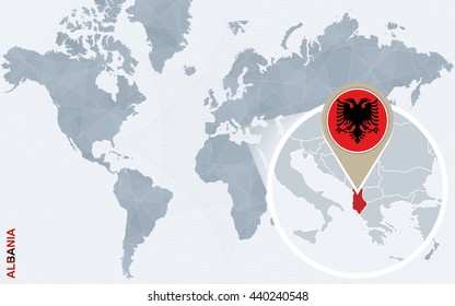Abstract blue world map with magnified Albania. Albania flag and map. Vector Illustration.