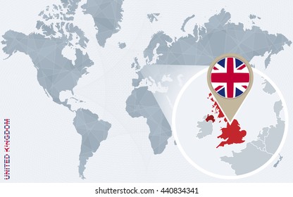 Abstract blue world map with magnified United Kingdom. UK flag and map. Vector Illustration.