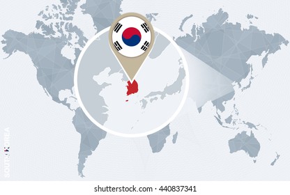 Mapa del mundo azul abstracto con Corea del Sur ampliada. Bandera y mapa de Corea del Sur. Ilustración vectorial.