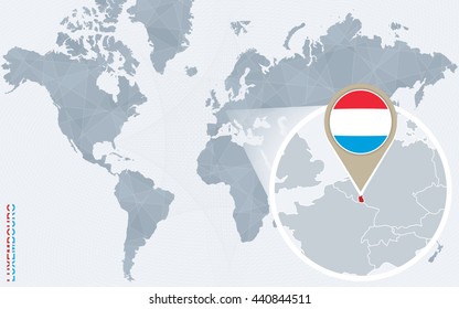Abstract blue world map with magnified Luxembourg. Luxembourg flag and map. Vector Illustration.