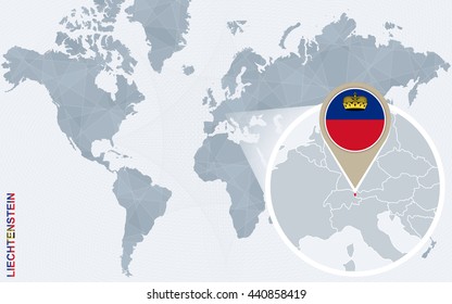 Abstract blue world map with magnified Liechtenstein. Liechtenstein flag and map. Vector Illustration.