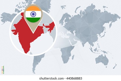 Abstract blue world map with magnified India. India flag and map. Vector Illustration.