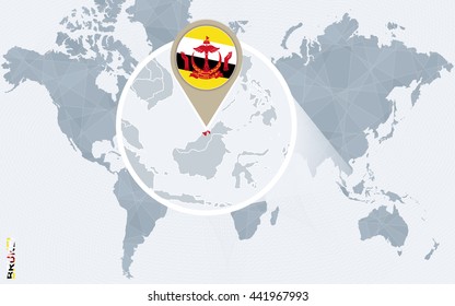 Abstract blue world map with magnified Brunei. Brunei flag and map. Vector Illustration.