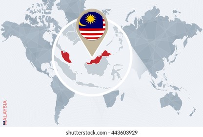 Abstract blue world map with magnified Malaysia. Vector Illustration.