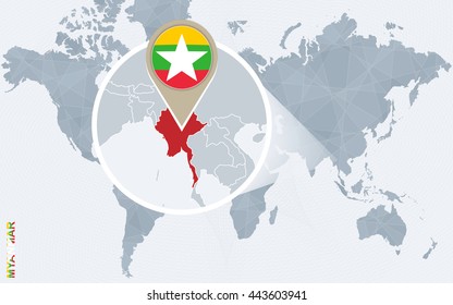 Abstract blue world map with magnified Myanmar. Vector Illustration.