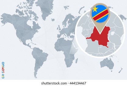 Abstract Blue World Map With Magnified Democratic Republic Of The Congo. DRC Flag And Map. Vector Illustration.