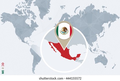 Abstract blue world map with magnified Mexico. Vector Illustration.