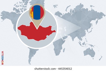 Abstract blue world map with magnified Mongolia. Flag and map. Vector Illustration.