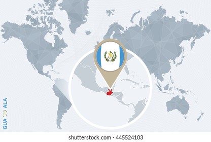 Abstract blue world map with magnified Guatemala. Flag and map. Vector Illustration.