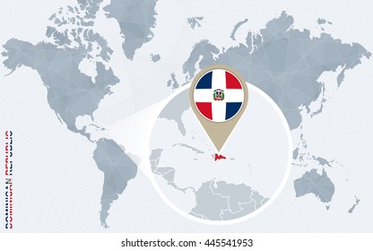 Abstract blue world map with magnified Dominican Republic. Flag and map. Vector Illustration.