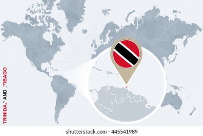 Abstract blue world map with magnified Trinidad and Tobago. Flag and map. Vector Illustration.