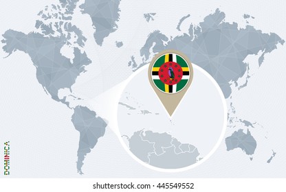 Abstract blue world map with magnified Dominica. Flag and map. Vector Illustration.