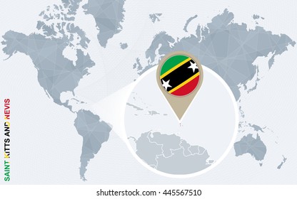 Abstract blue world map with magnified Saint Kitts and Nevis. Flag and map. Vector Illustration.