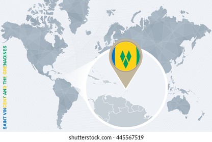 Abstract blue world map with magnified Saint Vincent and the Grenadines. Flag and map. Vector Illustration.