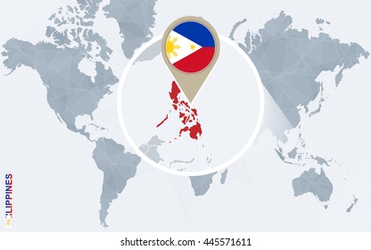 Abstract blue world map with magnified Philippines. Flag and map. Vector Illustration.