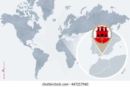Abstract blue world map with magnified Gibraltar. Vector Illustration.