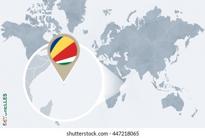 Abstract blue world map with magnified Seychelles. Vector Illustration.