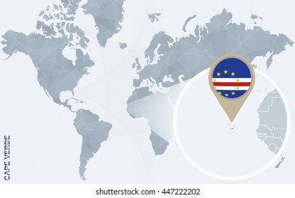 Abstract blue world map with magnified Cape Verde. Vector Illustration.