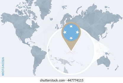 Abstract blue world map with magnified Micronesia. Vector Illustration.