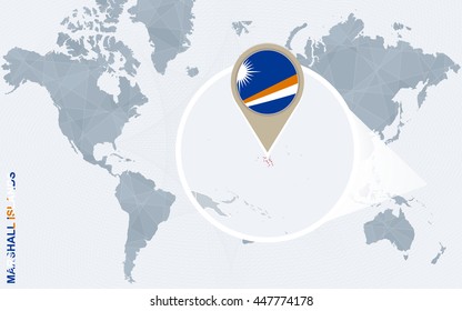 Abstract blue world map with magnified Marshall Islands. Vector Illustration.