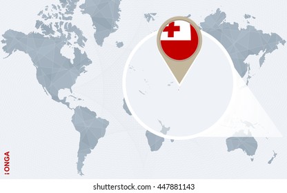Abstract blue world map with magnified Tonga. Vector Illustration.
