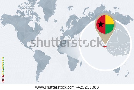 Abstract blue world map with magnified Guinea-Bissau. Guinea-Bissau flag and map. Vector Illustration.