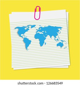 Abstract blue world map on paper note