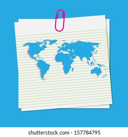 Abstract blue world map on paper note 