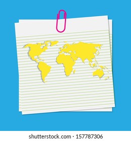 Abstract blue world map on paper note 