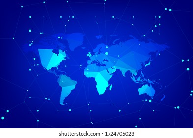 Resumen de fondo y fondo de fondo del triángulo del mapa del mundo azul. Conexión de red global, concepto de comunicación social.