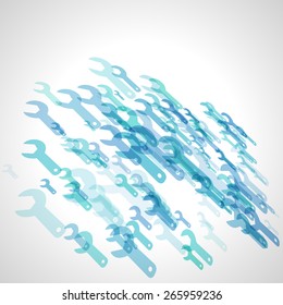 abstract blue wrench vector background, scattered with perspective