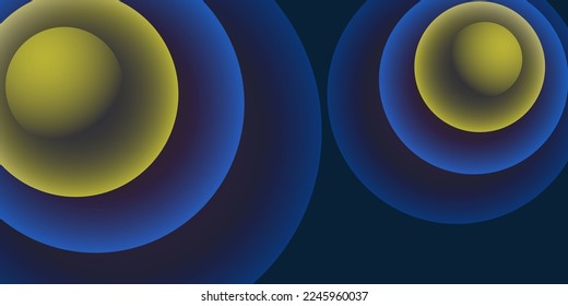 Abstract Blue and Yellow 3D Spiralling Funnels, Concentric Circles Pattern - Perspective, Colorful Spheres Design on Dark Blue Background, Vector Illustration with Copyspace, Place, Room for Your Text