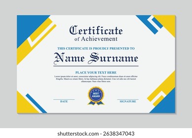 Abstract blue and yellow achievement certificate template, vector abstract modern blue and yellow certificate template