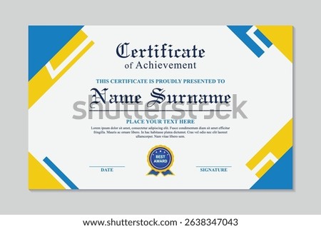 Abstract blue and yellow achievement certificate template, vector abstract modern blue and yellow certificate template