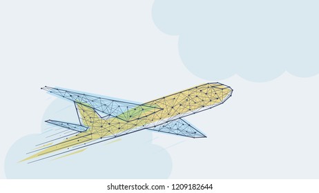 Abstract blue and yellow airplane template vector illustration. Low polygonal wire frame structure business travel concept design. Clouds on background