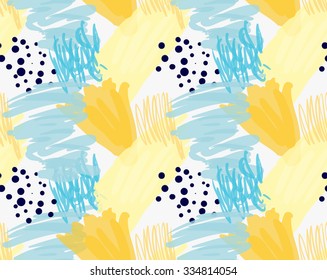 Abstract blue and yellow with black dots.Hand drawn with paint brush seamless background.Modern hipster style design.