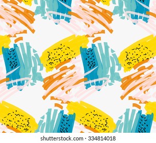 Abstract blue yellow black marks.Hand drawn with paint brush seamless background.Wedding, anniversary, birthday, holiday, party.Hand drawn pattern with  stripes, blobs, strokes.Seamless textile design