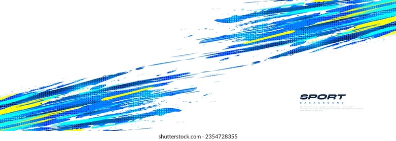 Abstract Blue and Yellow Brush Background with Halftone Effect. Sport Background. Brush Stroke Illustration for Banner or Poster. Scratch and Texture Elements For Design