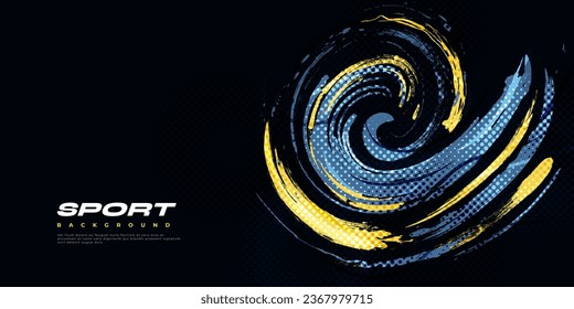 Abstract Blue and Yellow Brush Background with Halftone Effect. Sport Banner. Brush Stroke Illustration. Scratch and Texture Elements For Design