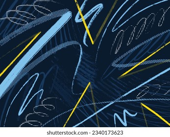 Abstract blue and yellow brush strokes and polka dots patterned vector background isolated on landscape template.