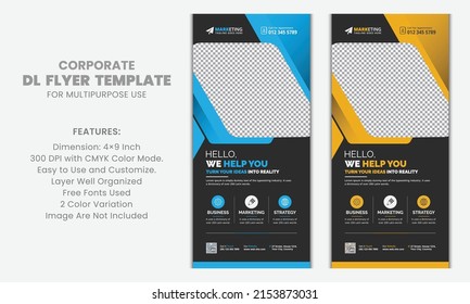 Abstract Blue, Yellow Corporate DL Flyer Rack Card Template Clean Design for Advertisement and Multipurpose Use with Black Background