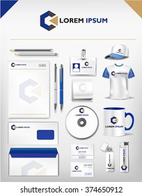 Abstract blue yellow and gray logo and corporate identity template realistic set of cups, business card, letterhead, envelope, drive, usb memory sticks and pen. Vector illustration