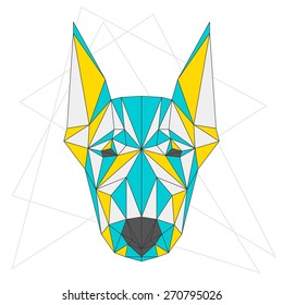Abstract blue, yellow and grey blended colored polygonal triangle geometric doberman dog isolated on white background for use in design for card, invitation, poster, banner, placard or billboard cover