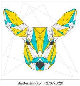 Abstract blue, yellow and grey blended colored polygonal triangle geometric deer isolated on white background for use in design for card, invitation, poster, banner, placard or billboard cover
